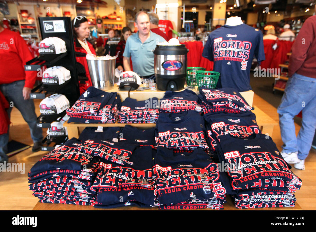 World Series shirts sit ready for sale at the St. Louis Cardinals team store  at Busch Stadium in St. Louis on October 19, 2013. The Cardinals defeated  the Los Angeles Dodgers 9-0