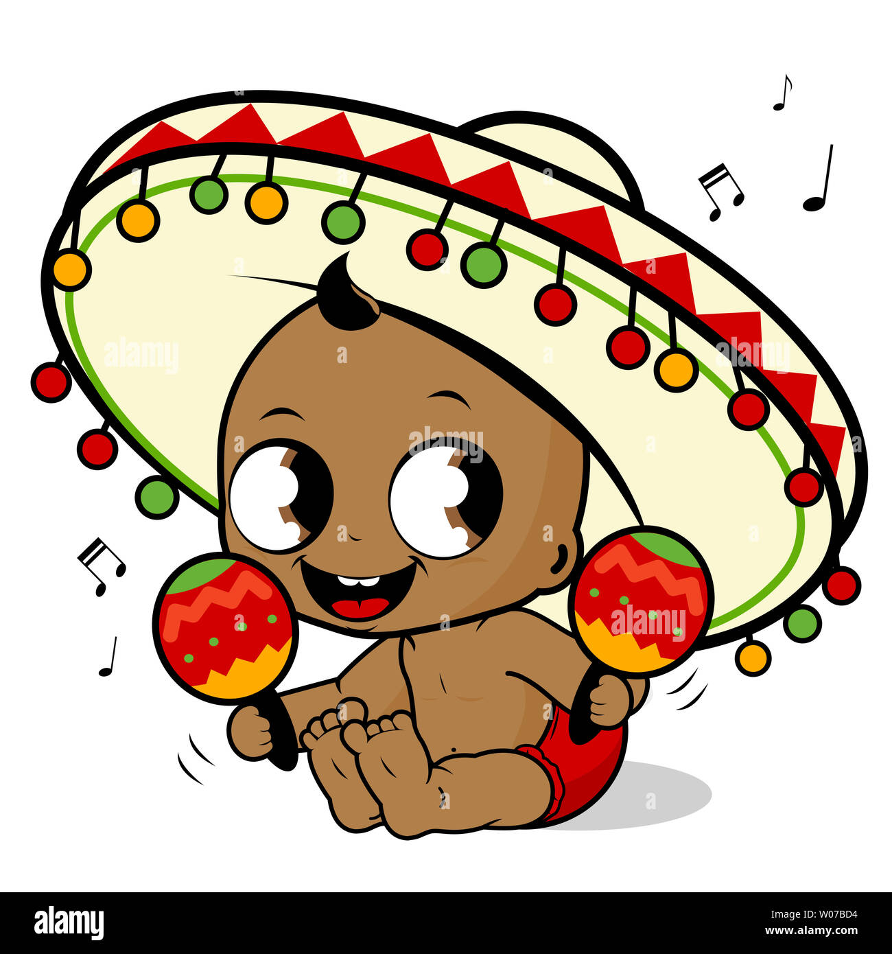 Illustration of a happy mariachi baby boy playing the maracas and singing. Stock Photo