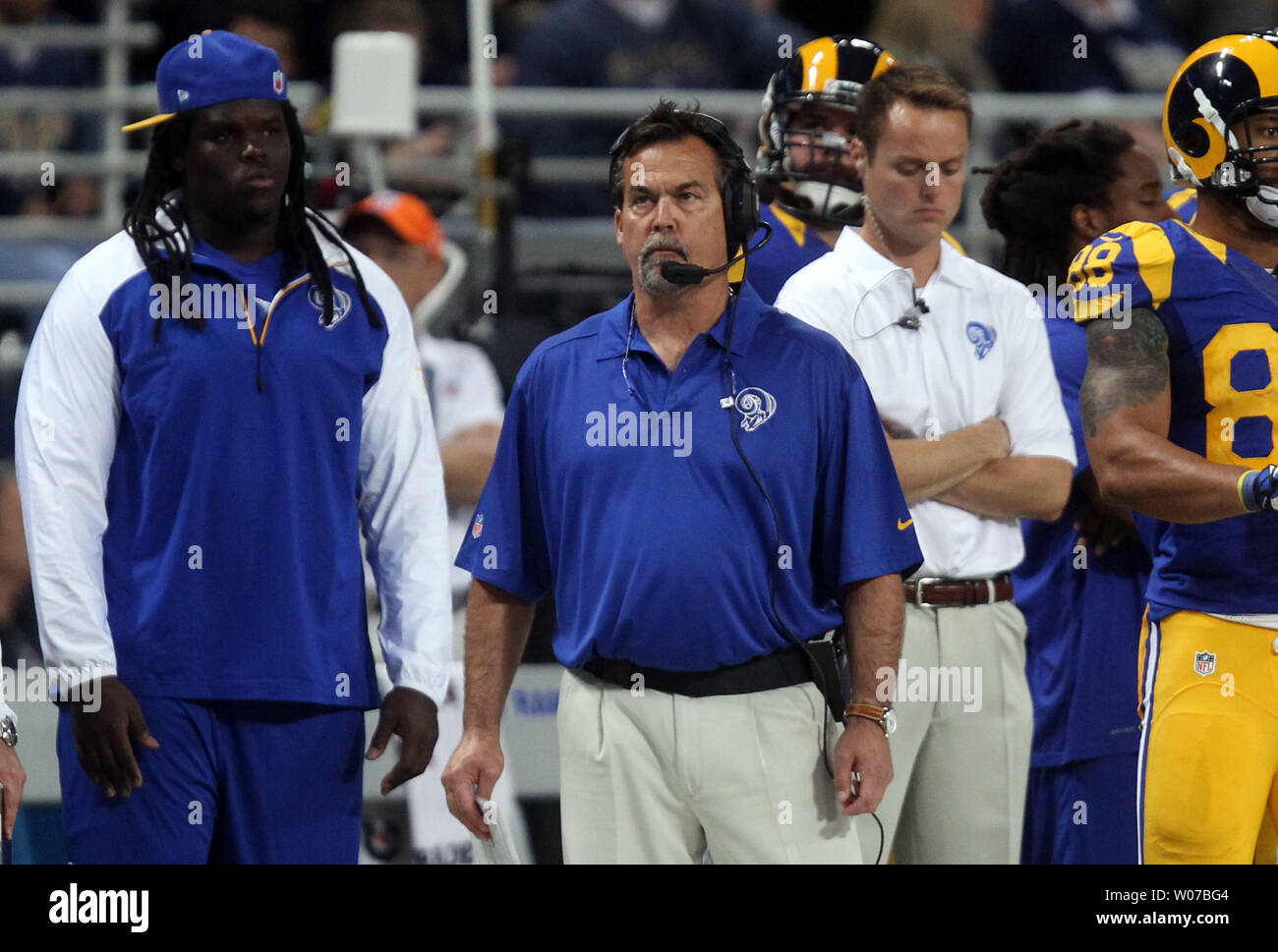 St. Louis Rams head football coach Jeff Fisher watches the final moments of a game against the  Tennessee Titans at the Edward Jones Dome in St. Louis on November 3, 2013. Tennessee won the game 28-21.     UPI/Bill Greenblatt Stock Photo