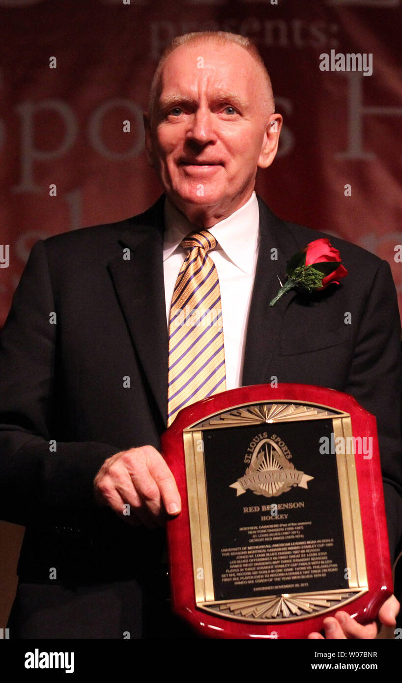 Former St. Louis Blues goal scorer Red Berenson smiles as he accepts his award during the St. Louis Sports Hall of Fame Enshrinement ceremonies in St. Louis on November 20, 2013.UPI/Bill Greenblatt Stock Photo