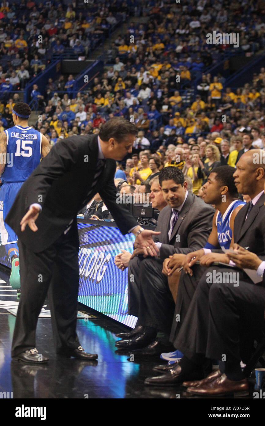 Kentucky Wildcats head basketball coach John Calipari talks to bench in the first half of the NCAA Division 1 Men's Basketball Championship at the Scottrade Center in St. Louis on March 23, 2014.  UPI/Robert Cornforth Stock Photo