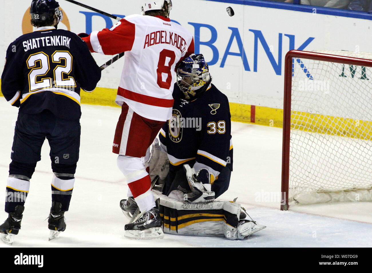 Detroit Red Wings Justin Abdelkader deflects the puck over St.louis ...