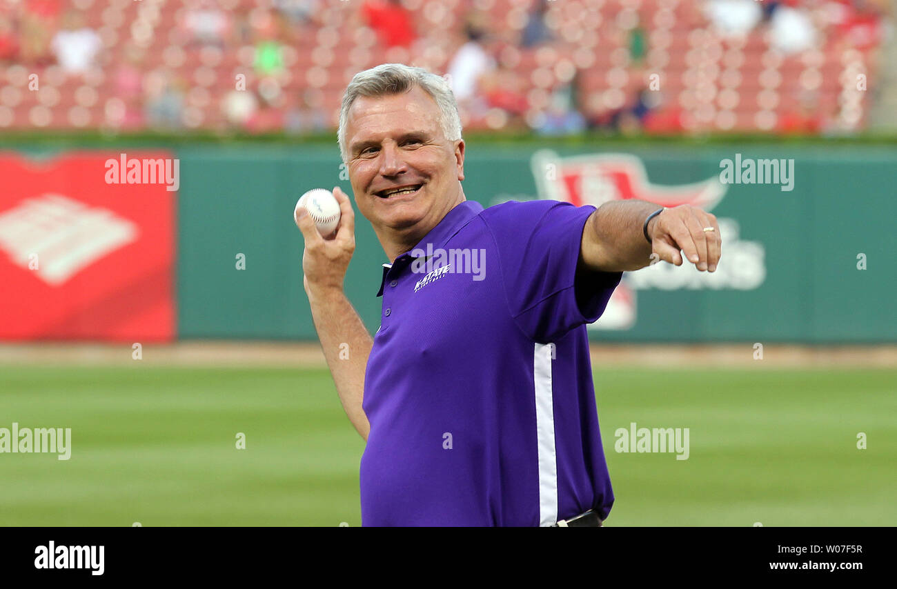 Kansas State Wildcats head basketball coach Bruce Weber throws a ceremonial first pitch before the Boston Red Sox-St. Louis Cardinals baseball game at Busch Stadium in St. Louis on August 5, 2014  UPI/Bill Greenblatt Stock Photo