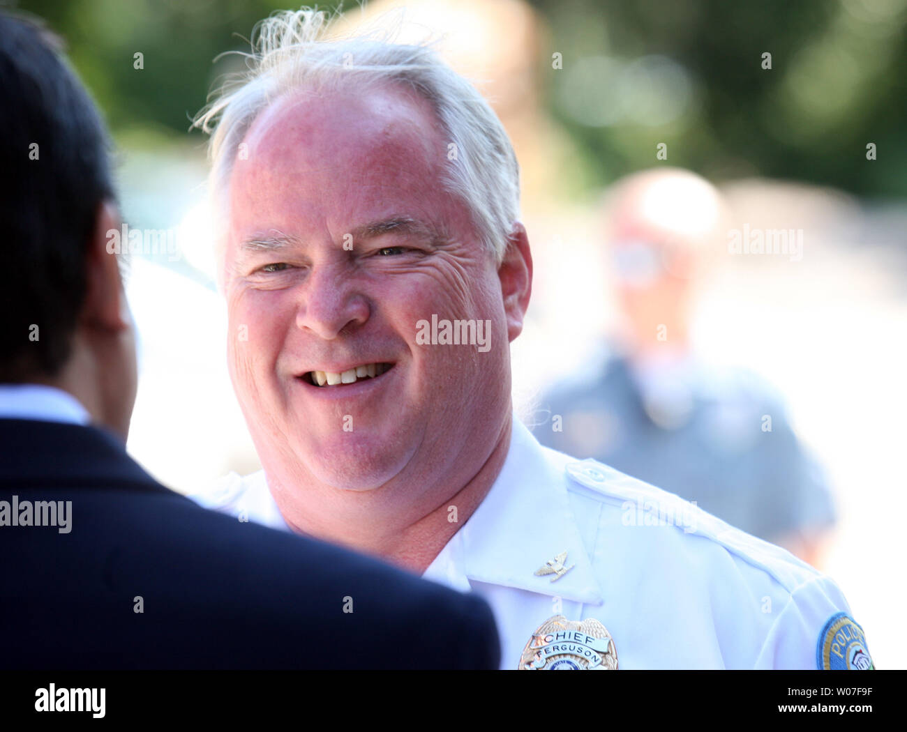 Ferguson Police Chief Tom Jackson talks with a reporter in Ferguson,Missouri on August 12, 2014. Jackson said he will not release the name of the officer that shot and killed unarmed teen Michael Brown on August 9, 2014. UPI/Bill Greenblatt Stock Photo