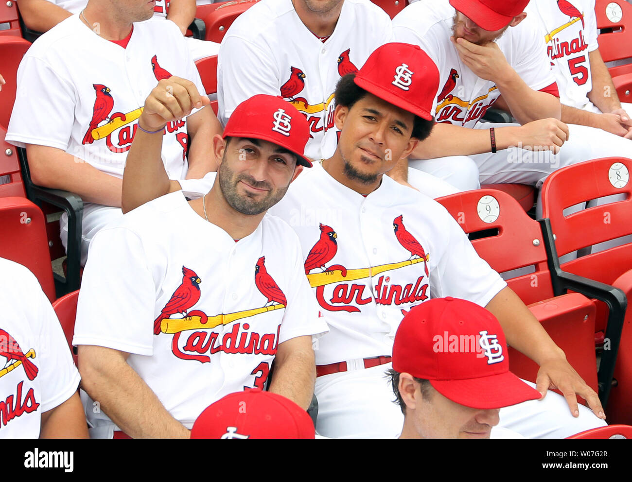 St. Louis Cardinals Daniel Descalso (L) and Jon Jay ham it up before the  taking of the team photograph before a game against the MIlwaukee Brewers  at Busch Stadium in St. Louis