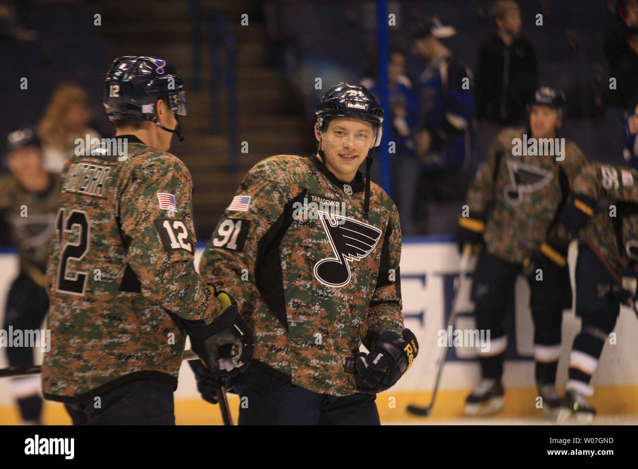 St. Louis Blues Vladimir Tarasenko of Russia, wears a camouflage jersey  during pre game skate before a game against the Buffalo Sabres at the  Scottrade Center in St. Louis on November 11