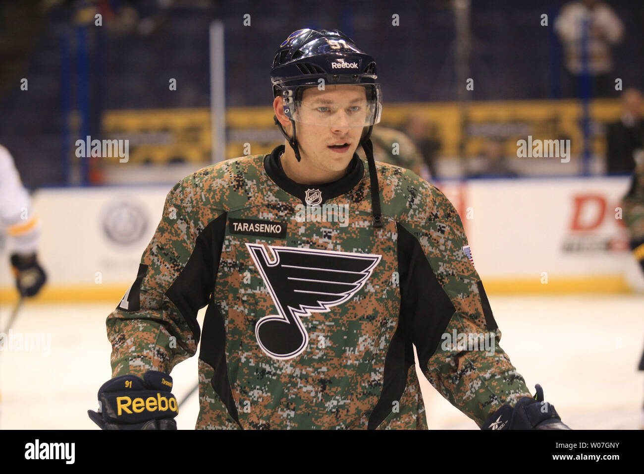 St. Louis Blues Vladimir Tarasenko of Russia, wears a camouflage jersey  during pre game skate before a game against the Buffalo Sabres at the  Scottrade Center in St. Louis on November 11,