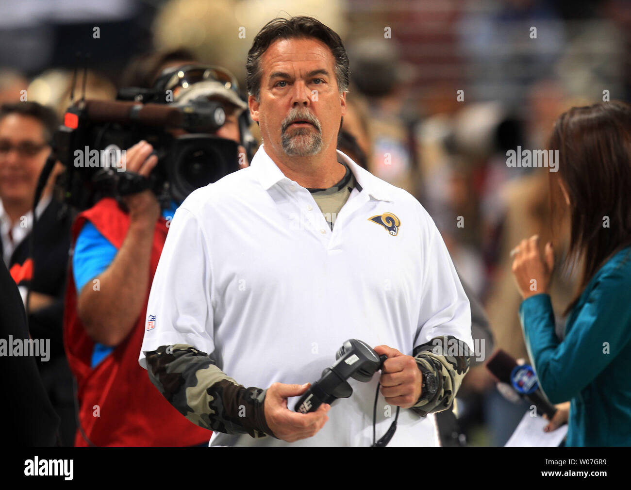 St. Louis Rams head coach Jeff Fisher waits for the start of the game against the Denver Broncos at the Edward Jones Dome in St. Louis on November 16, 2014. UPI/Bill Greenblatt Stock Photo