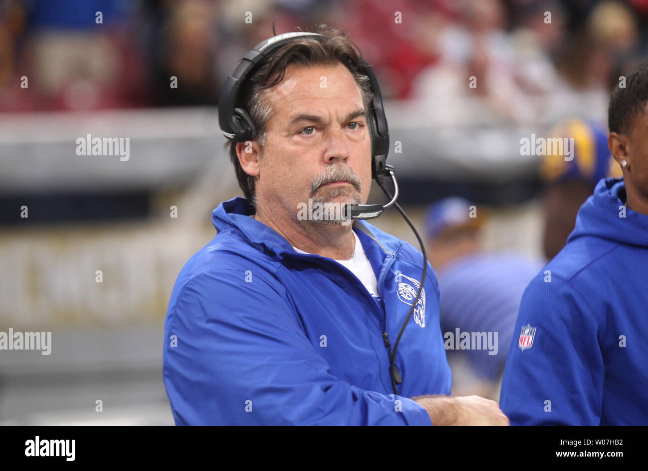 St. Louis Rams head football coach Jeff Fisher watches as his team takes to the field for a game against the New York Giants at the Edward Jones Dome in St. Louis on December 21, 2014.  UPI/Bill Greenblatt Stock Photo