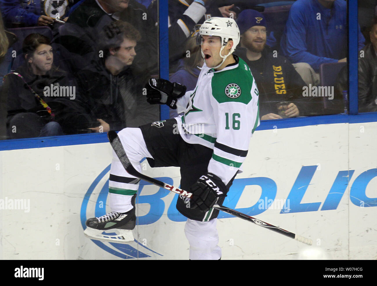 Dallas Stars Ryan Garbutt celebrates his first period goal against the St. Louis Blues at the Scottrade Center in St. Louis on December 27, 2014. Dallas defeated St. Louis 4-3. UPI/Bill Greenblatt Stock Photo