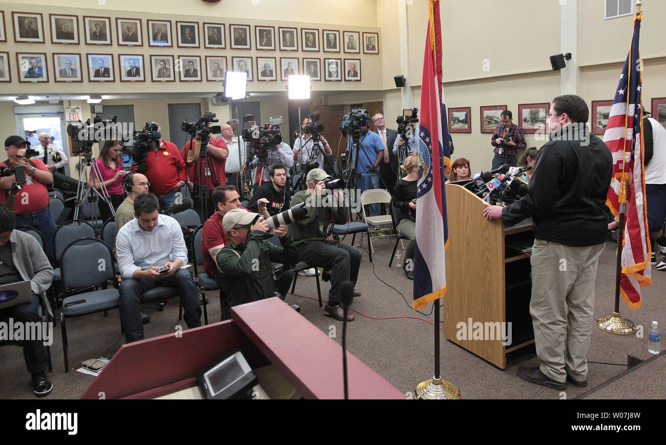 Ferguson, Missouri Mayor James Knowles tells reporters that Police Chief Thomas Jackson will step down, in Ferguson, Missouri on March 11, 2015. Jacksons departure is being called a mutual separation and will be effective March 19. Jackson is leaving following a Justice Department report that accused the city's police and court system of racial bias. Photo by Bill Greenblatt/UPI Stock Photo