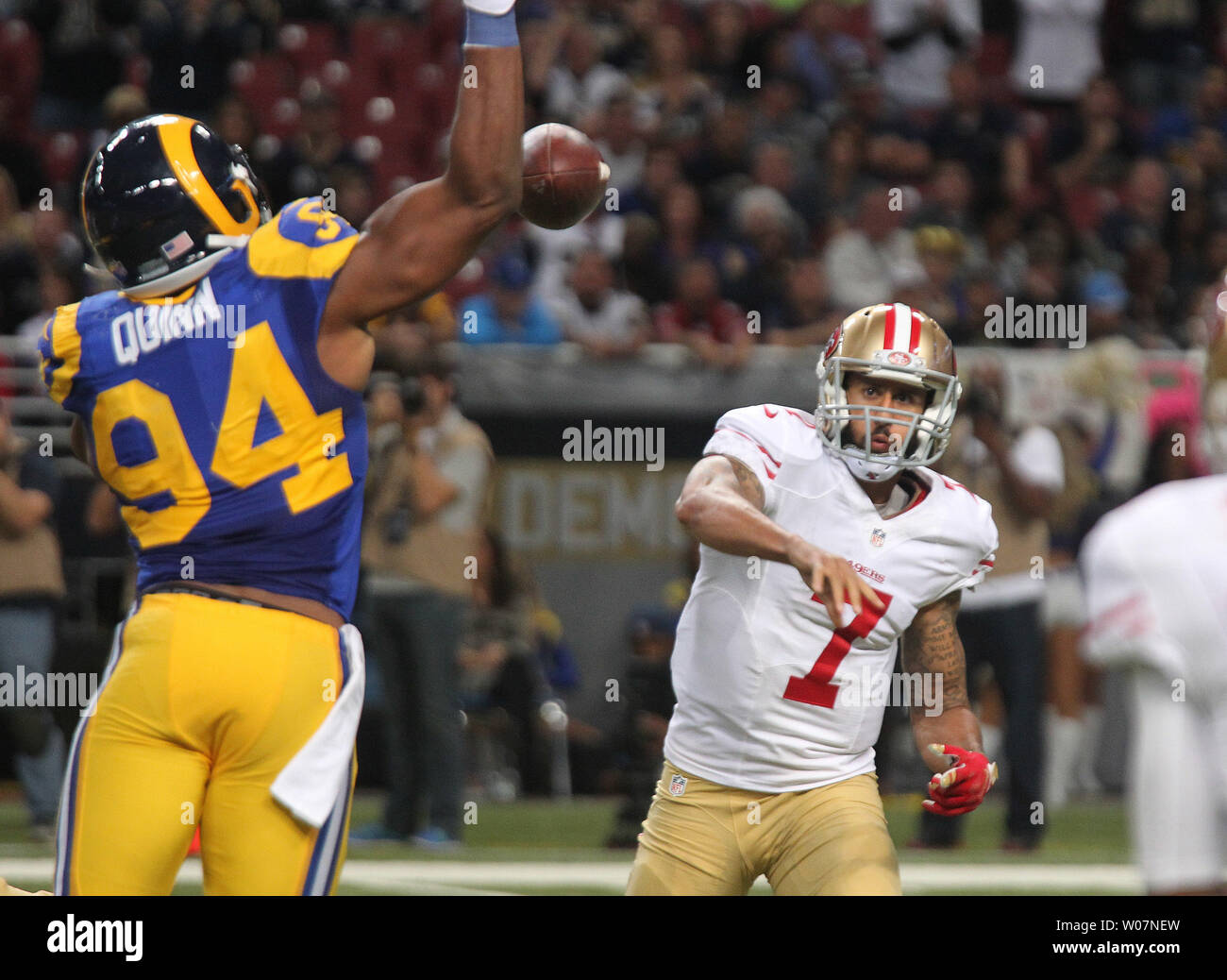 St. Louis Rams Robert Quinn knocks down a pass by San Francisco 49ers quarterback Colin Kaepernick in the fourth quarter at the Edward Jones Dome in St. Louis on November 1, 2015. St. Louis defeated San Francisco   27-6. Photo by Bill Greenblatt/UPI Stock Photo