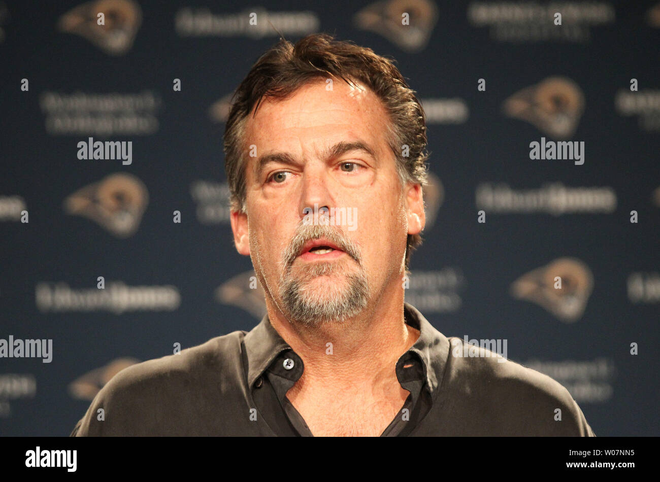 St. Louis Rams Head football coach Jeff Fisher addresses reporters during his weekly press conference at the team's practice facility in Earth City, Missouri on December 7, 2015. Fisher announced that the team has relieved offensive coordinator Frank Cignetti of his duties and Assistant Head Coach/Offense Rob Boras will assume offensive coordinator responsibilities. The Rams lost their fifth straight game on December 6, 2015. Photo by Bill Greenblatt/UPI Stock Photo