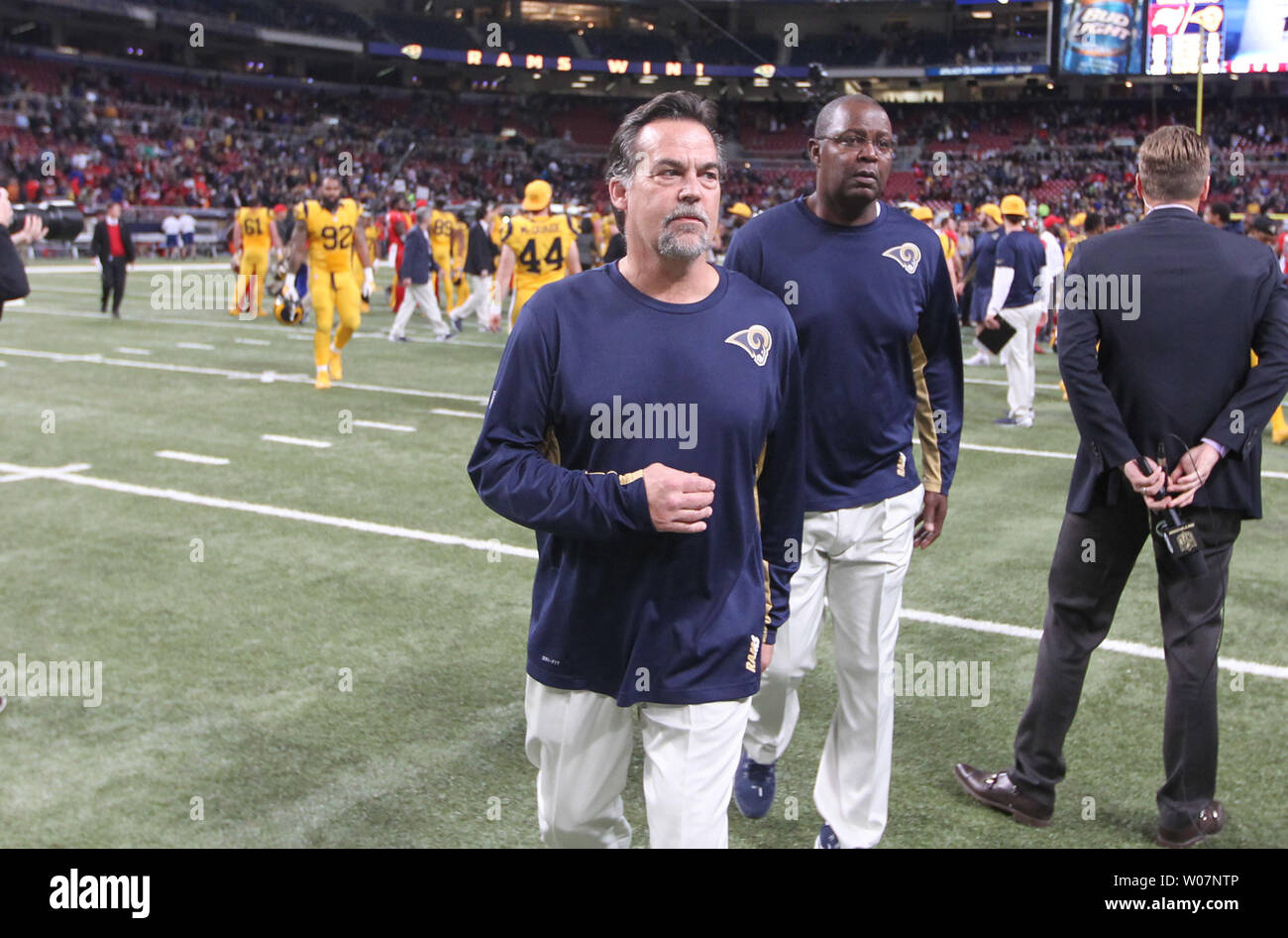 St. Louis Rams head coach Jeff Fisher leaves the field after a 31-23 victory over the Tampa Bay Buccaneers at the Edward Jones Dome in St. Louis on December 17, 2015. Photo by Bill Greenblatt/UPI Stock Photo