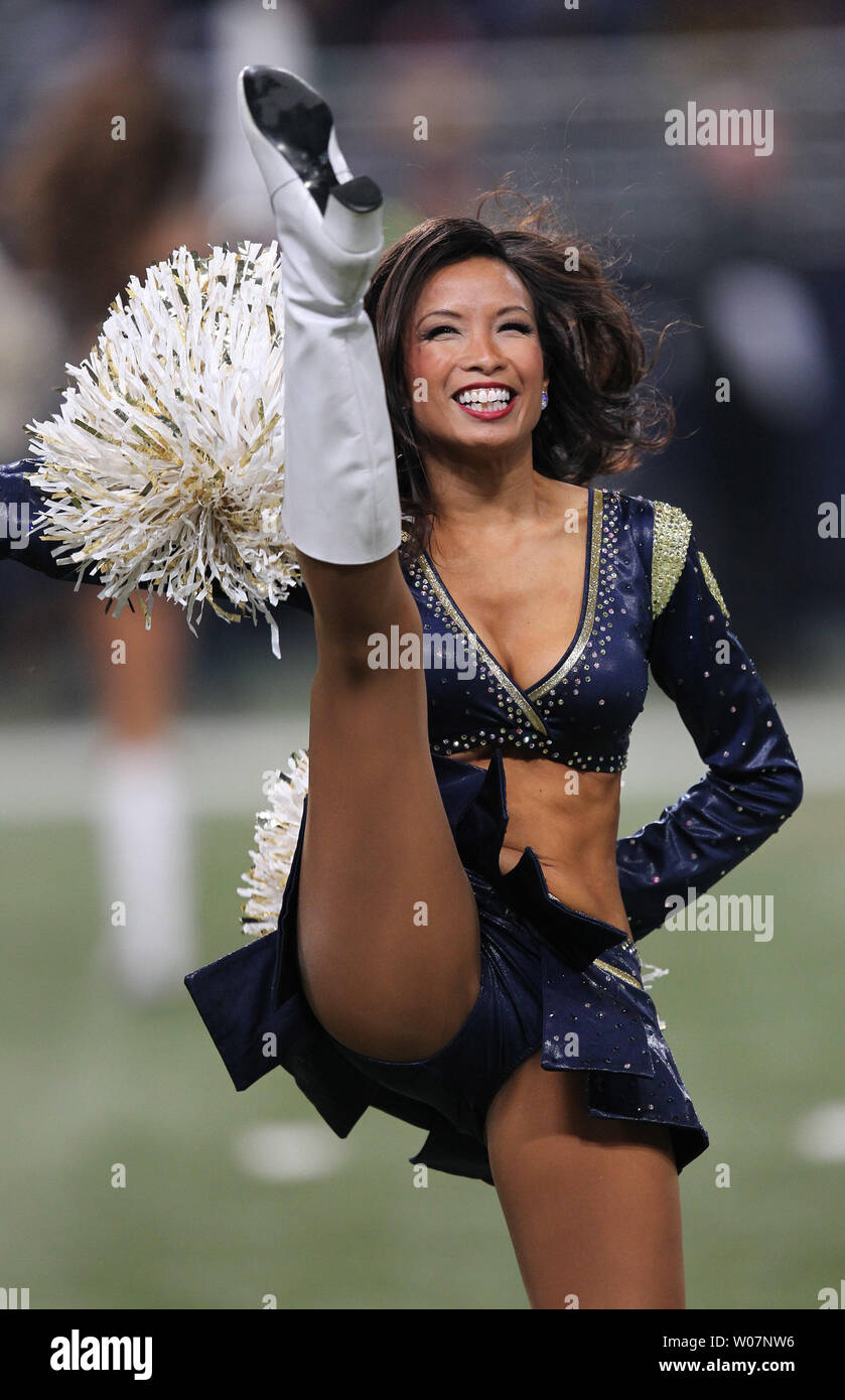 A St. Louis Rams cheerleader entertains during the Tampa Bay Buccaneers St. Louis Rams football game at the Edward Jones Dome in St. Louis on December 17, 2015. Photo by Bill Greenblatt/UPI Stock Photo