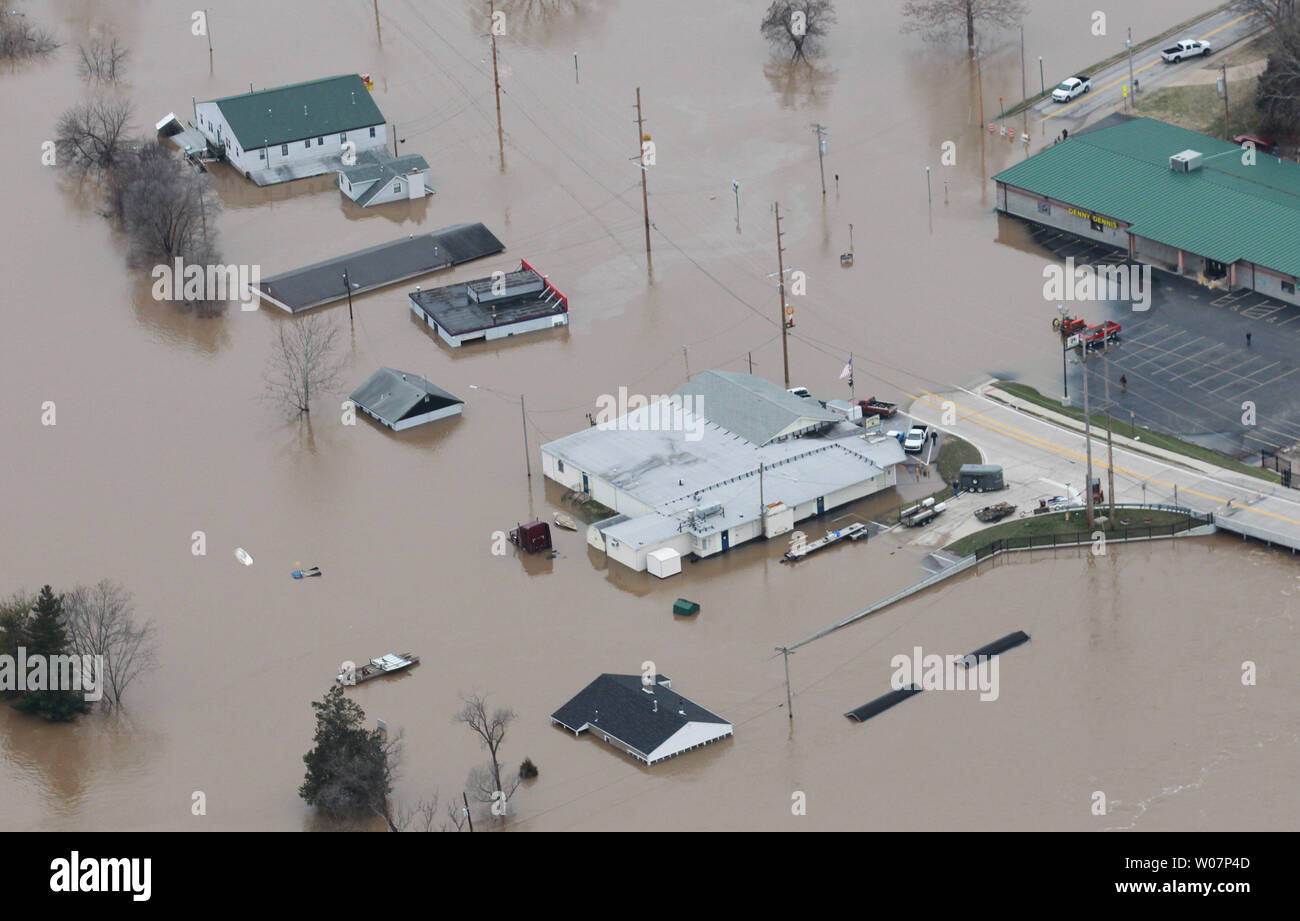 Homes and businesses are submurged in flood waters from the Meramec