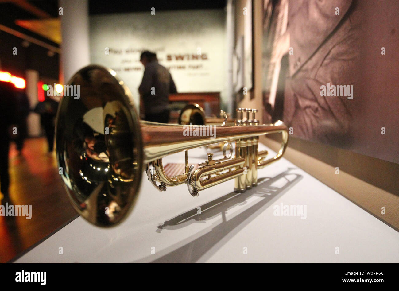 A brass trumpet is on display at the National Blues Museum on opening day in St. Louis on April 2, 2016.   Photo by Bill Greenblatt/UPI Stock Photo