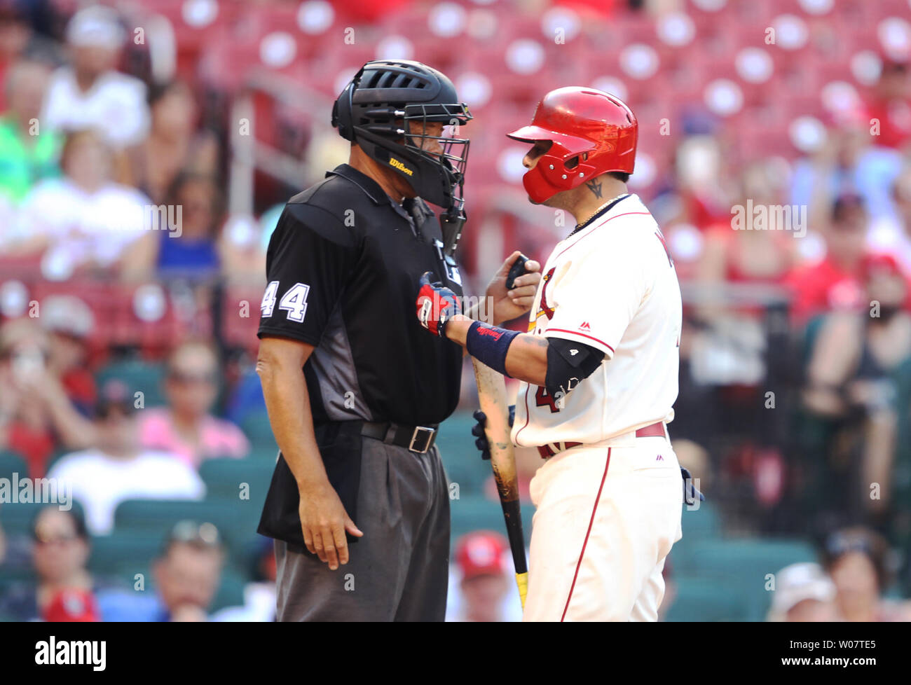 St. Louis Cardinals Yadier Molina argues a strike call with home plate umpire Kerwin Danley in the ninth inning during a game against the Texas Rangers at Busch Stadium in St. Louis on June 18, 2016. Texas won the game 4-3.   Photo by Bill Greenblatt/UPI Stock Photo
