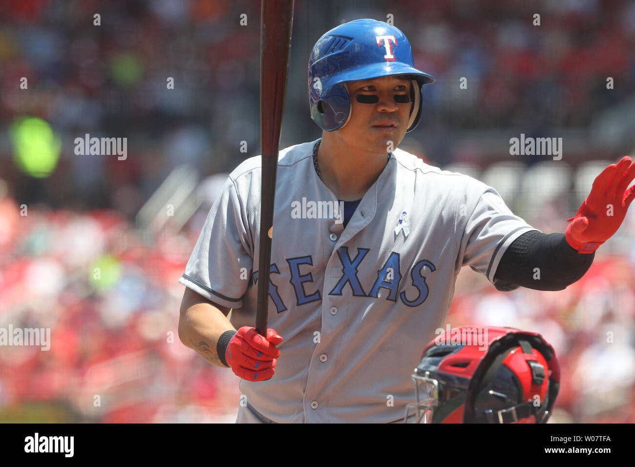 Texas Rangers Shin-Soo-Choo asks home plate umpire Andy Fletcher for time while batting in the third inning against the St. Louis Cardinals at Busch Stadium in St. Louis on June 19, 2016.   Photo by Bill Greenblatt/UPI Stock Photo