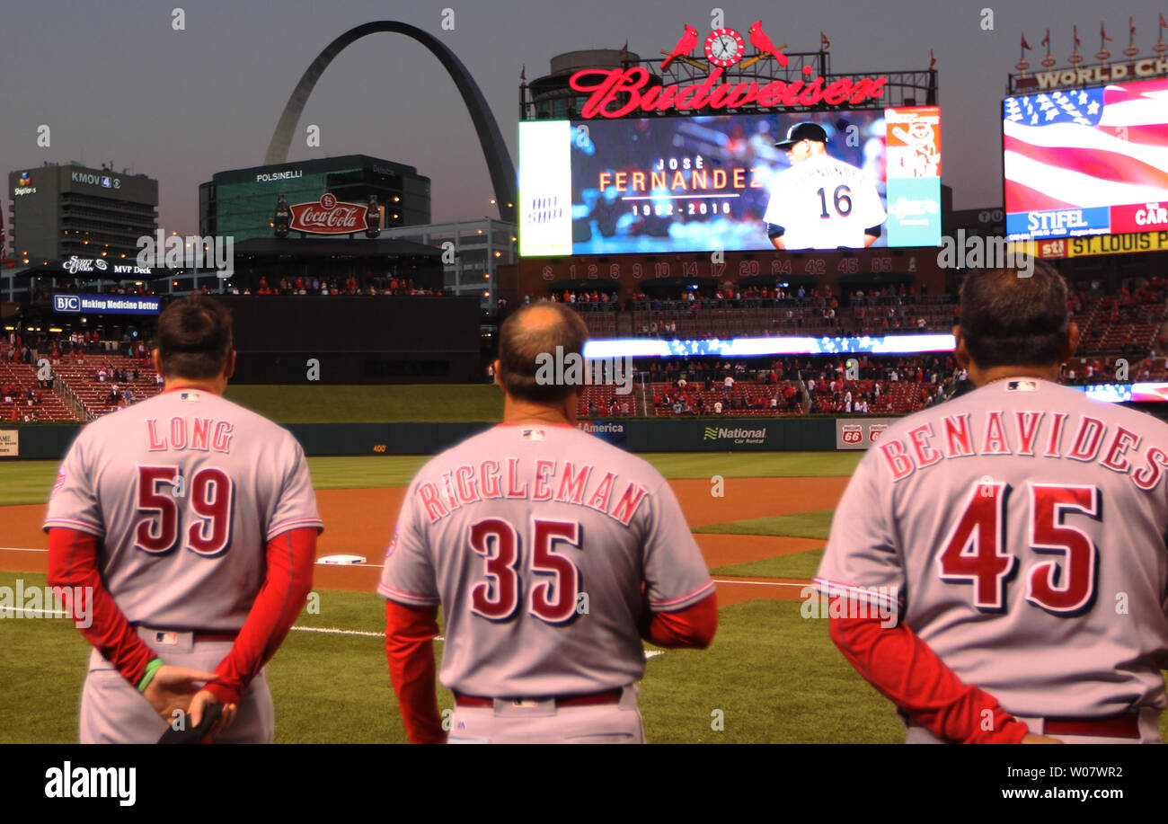 The St. Louis Cardinals line up during the national anthem wearing Jackie  Robinson's No. 42 jersey before action against the Milwaukee Brewers on  Wednesday, April 15, 2015, at Busch Stadium in St.