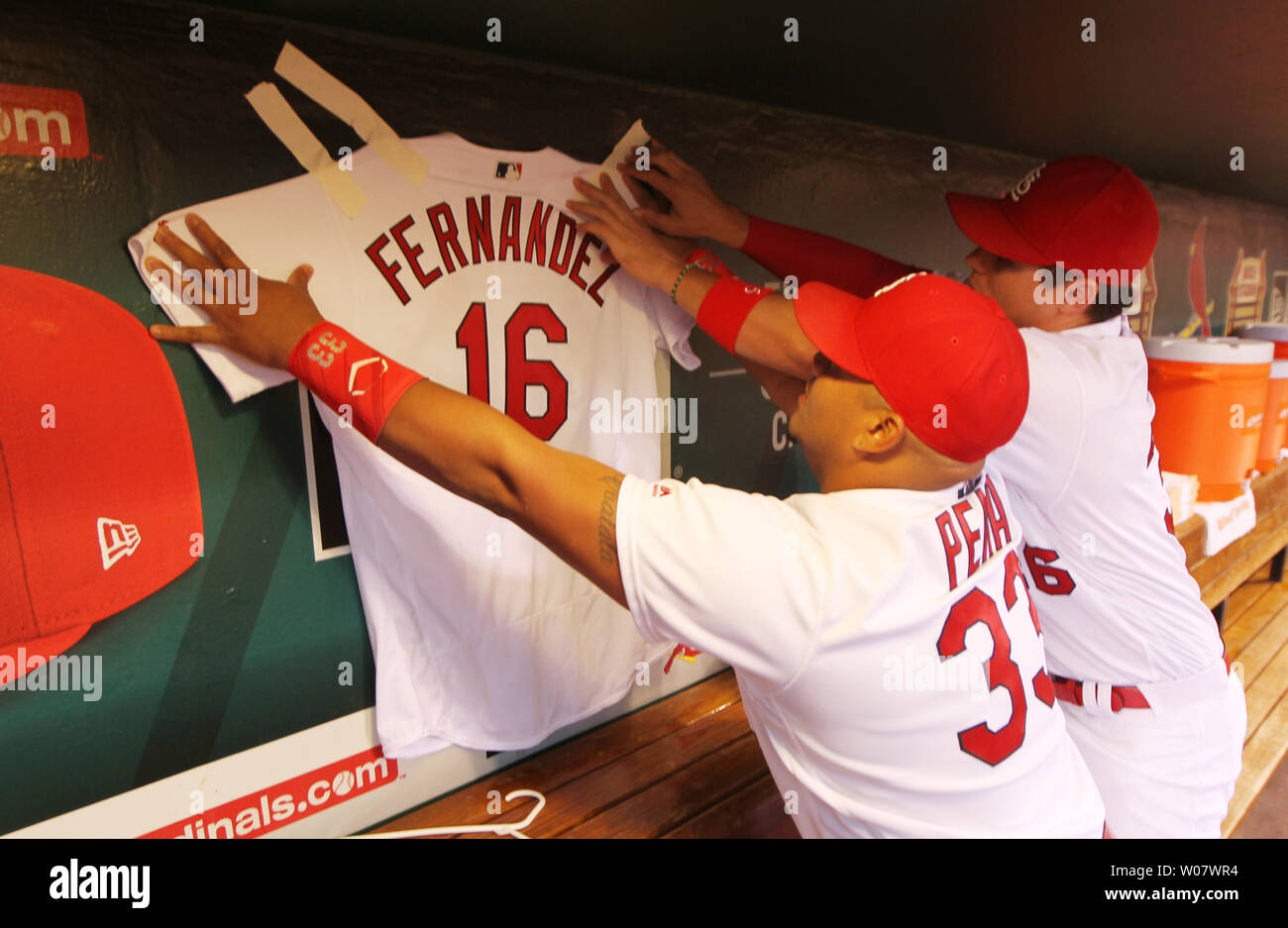St. Louis Cardinals Aledmys Diaz retrieves a Jose Fernandez shirt that hung  in the dugout for their game against the Cincinnati Reds at Busch Stadium  in St. Louis on September 27, 2016.