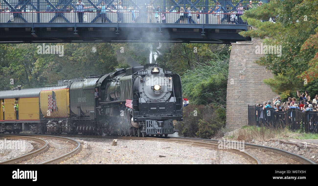Union Pacific 844 blows its whistle as it approaches the Kirkwood