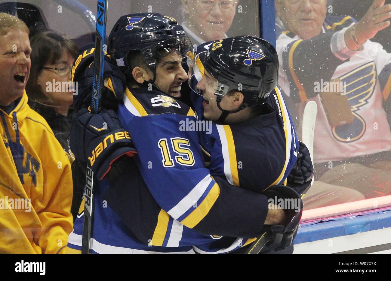 St. Louis Blues Dmitrij Jaskin of Russia (R) congratulates Robby Fabbri