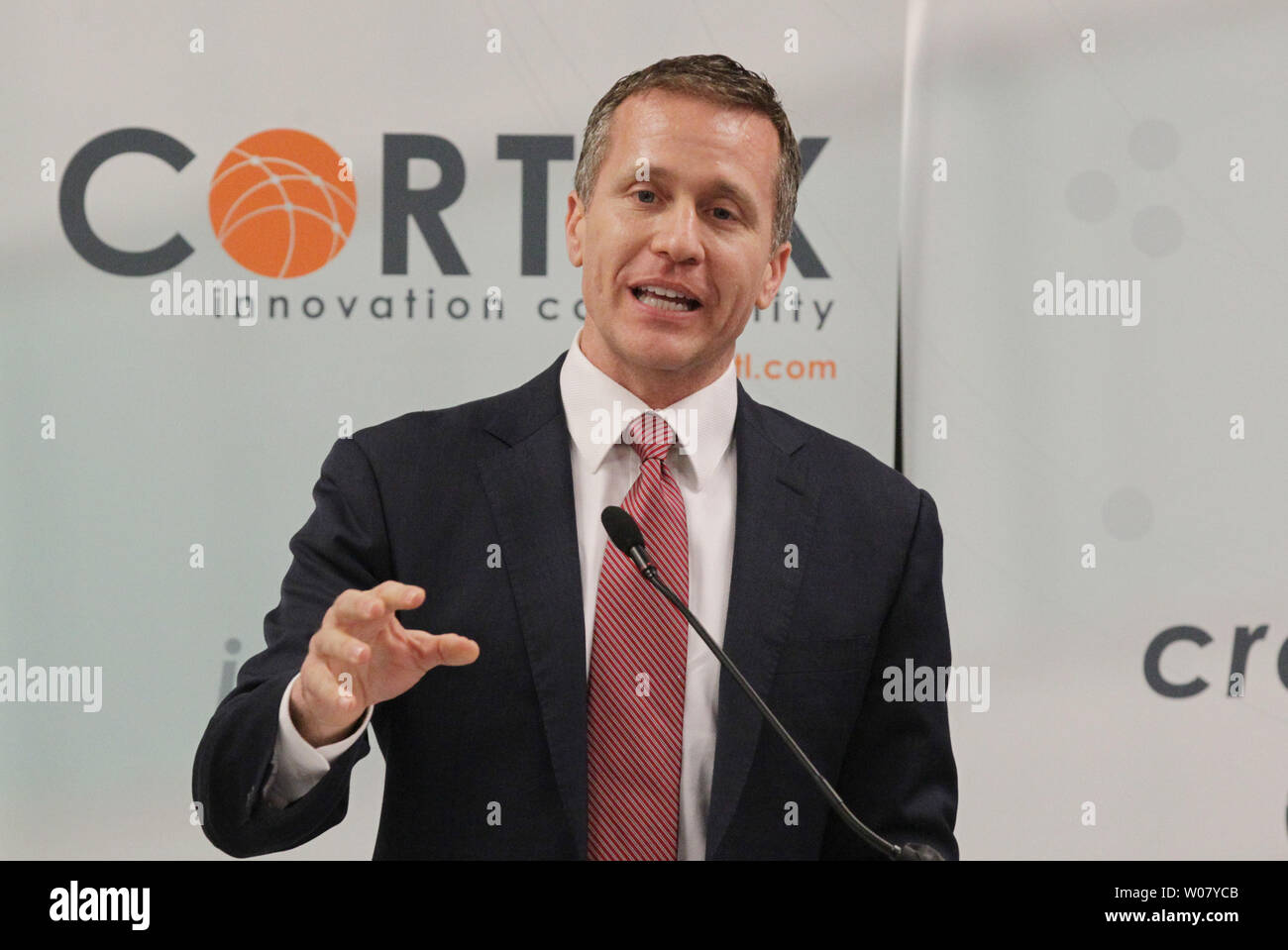 Missouri Governor Eric Greitens makes his remarks after it was announced that Microsoft Corp. will open a new regional headquarters, bringing 150 new jobs, in St. Louis on March 8, 2017. Expected to open in 2018, the 29,000-square-foot facility will be located in the Cortex technology hub of west St. Louis. Photo by Bill Greenblatt/UPI Stock Photo