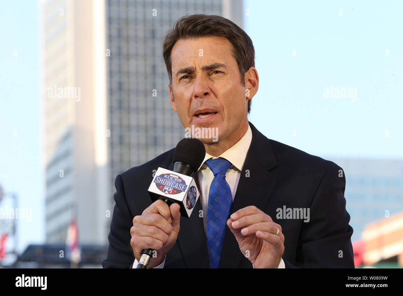 MLB broadcaster Tom Verducci gives a preview of the Boston Red Sox - St. Louis Cardinals baseball game from at Busch Stadium in St. Louis on May 16, 2017.Verducci also serves as a senior baseball writer for Sports Illustrated magazine.  Photo by Bill Greenblatt/UPI Stock Photo