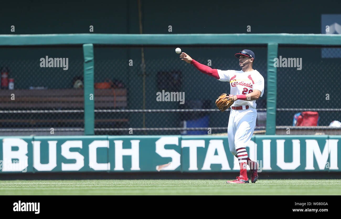 St. Louis Cardinals Tommy Pham fields the baseball in left field off the bat of Philadelphia Phillies Howie Kendrick in the first inning at Busch Stadium in St. Louis on June 11, 2017. Photo by Bill Greenblatt/UPI Stock Photo