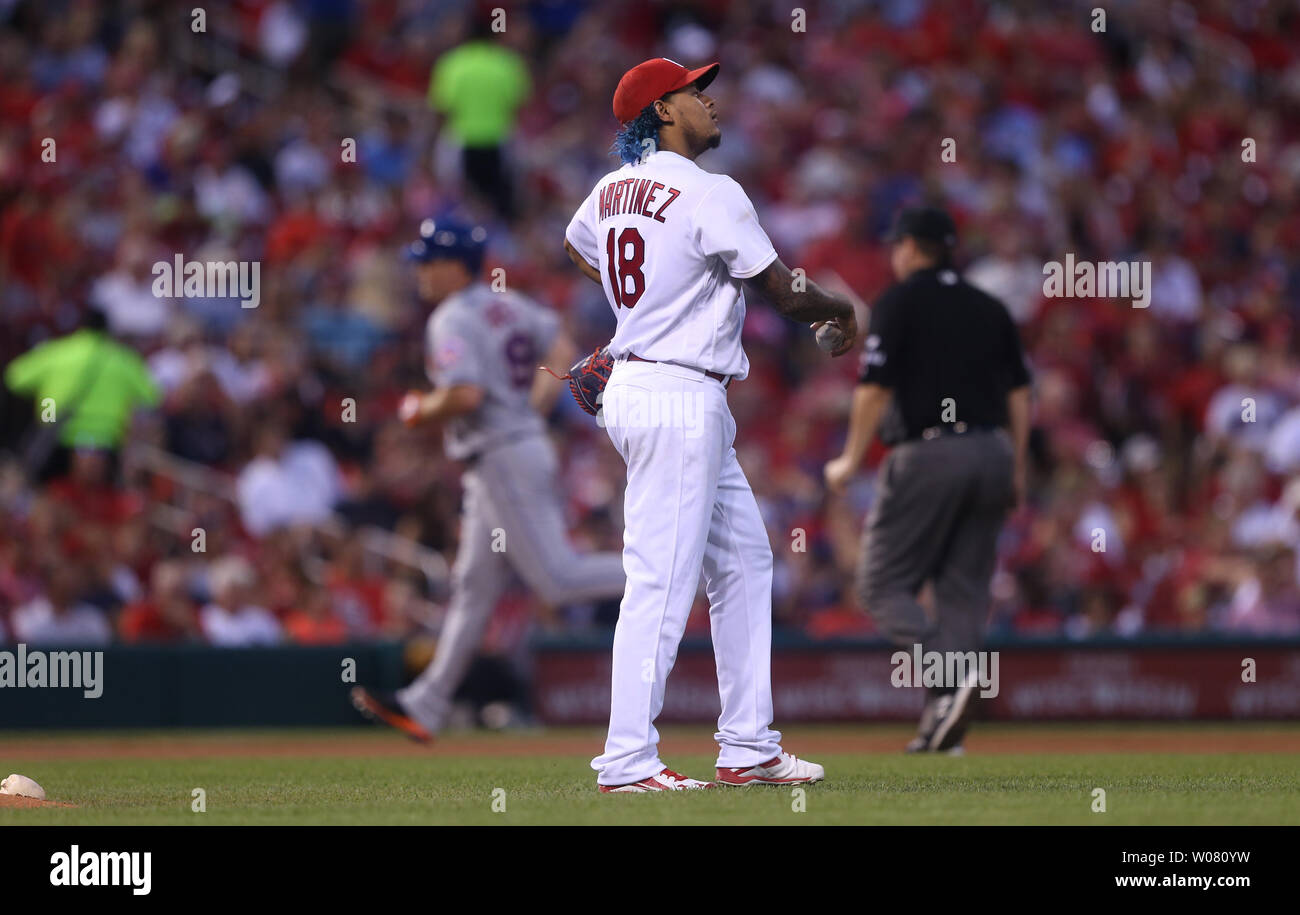 St. Louis Cardinals starting pitcher Carlos Martinez watches a video replay board as New York Mets Jay Bruce rounds the bases after hitting a solo home run in the fifth inning at Busch Stadum in St. Louis on July 7, 2017. Photo by Bill Greenblatt/UPI Stock Photo