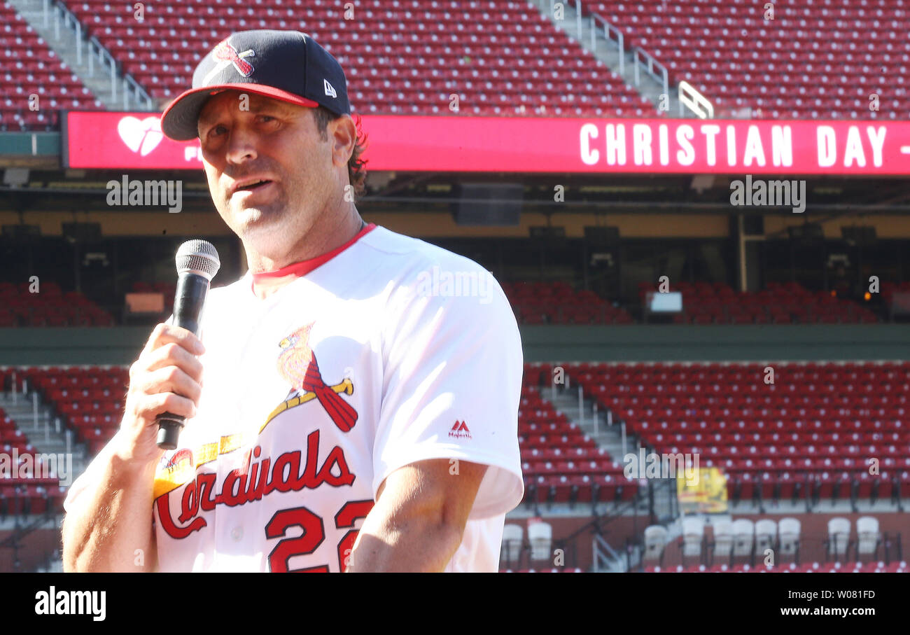 St. Louis Cardinals manager Mike Matheny makes his remarks during