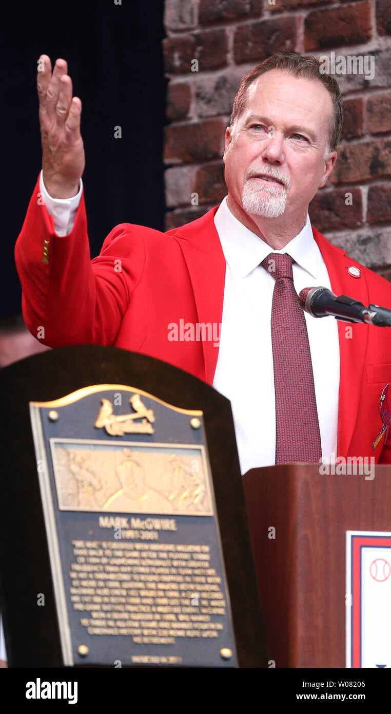 Newly inducted St. Louis Cardinals Hall of Fame member Mark McGwire thanks fans during the St. Louis Cardinals Hall of Fame Induction ceremonies in St. Louis on August 26, 2017. McGwire played 4 1/2 years with the Cardinals breaking Roger Maris' home run record, hitting 70 home runs in 1998 and is now the bench coach for the San Diego Padres.       Photo by Bill Greenblatt/UPI Stock Photo