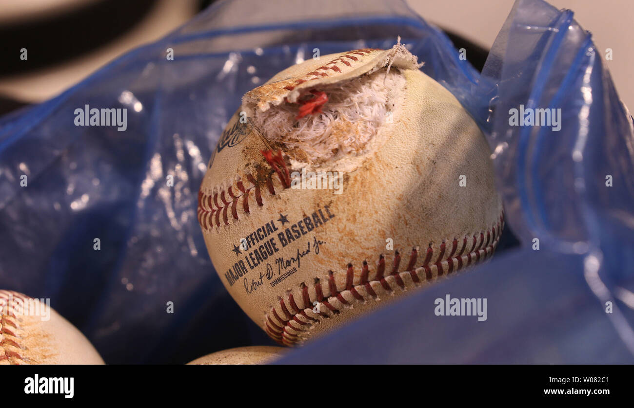 A baseball sits in an authenticators bag after Chicago Cubs Javier Baez hit a foul ball, almost knocking the cover off of it, in the second inning against the St. Louis Cardinals at Busch Stadium in St. Louis on September 25, 2017. Photo by Bill Greenblatt/UPI Stock Photo