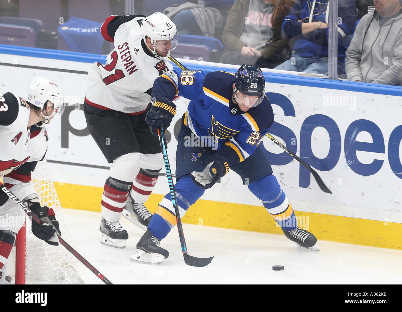 St. Louis Blues Paul Stastny keeps Arizona Coyotes Derek Stepan away from the puck during the third period at the Scottrade Center in St. Louis on November 9, 2017.   Photo by Bill Greenblatt/UPI Stock Photo