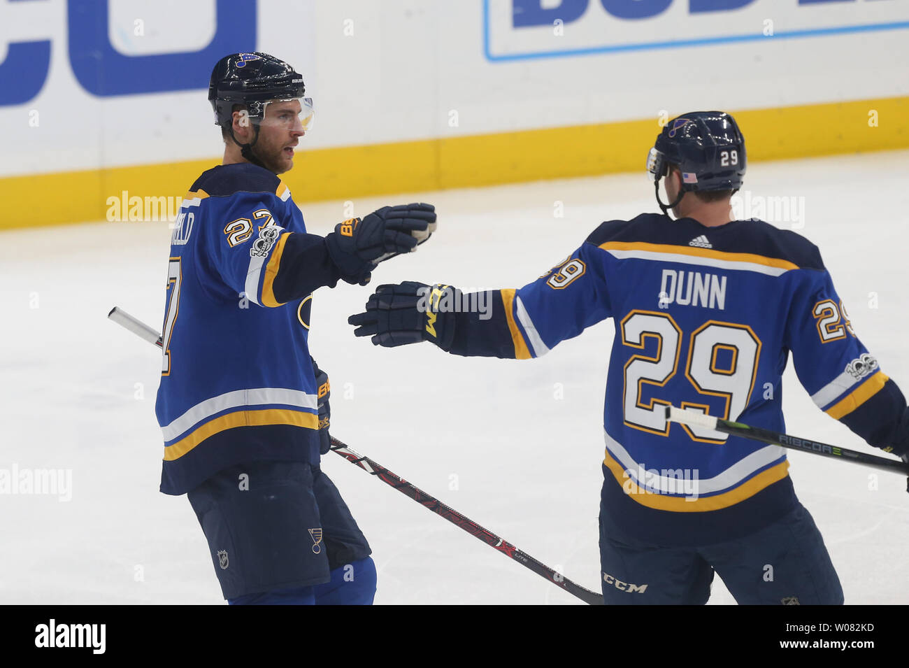 St. Louis Blues Alex Pietrangelo is congratulated by Vince Dunn after scoring the tying goal against the Arizona Coyotes in the third period at the Scottrade Center in St. Louis on November 9, 2017. St. Louis defeated Arizona in a shootout 3-2.  Photo by Bill Greenblatt/UPI Stock Photo
