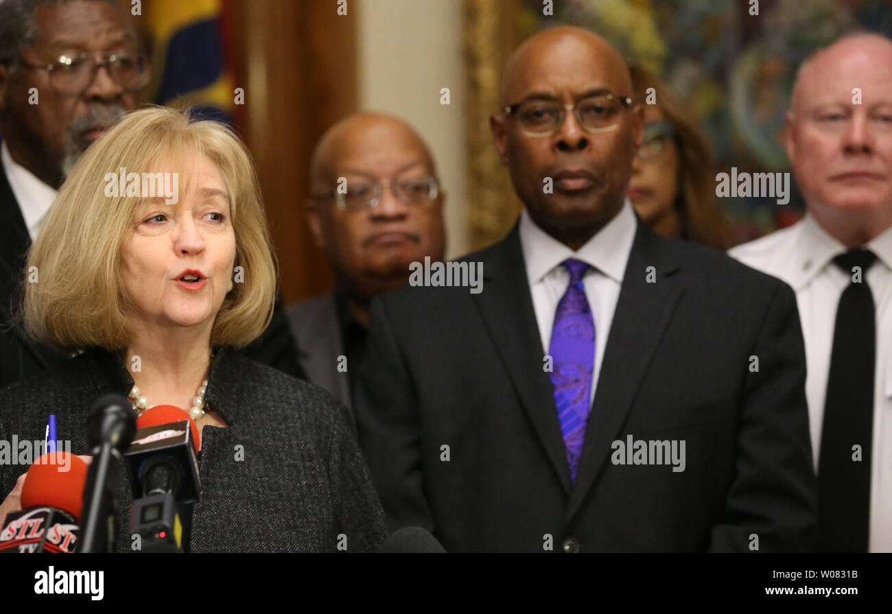 St. Louis Mayor Lyda Krewson outlines the citiy's proposed gun buy back program as Jimmie Edwards, Director of Public Safety and Lawrence O'Toole, St. Louis Police Chief (R) listen in during a press conference in St. Louis on December 8, 2017. There have been 196 homicides in St. Louis this year, the most since 1995, when there were 204. Officials say a gun buy back program ten years ago helped reduce homicides.   Photo by Bill Greenblatt/UPI Stock Photo