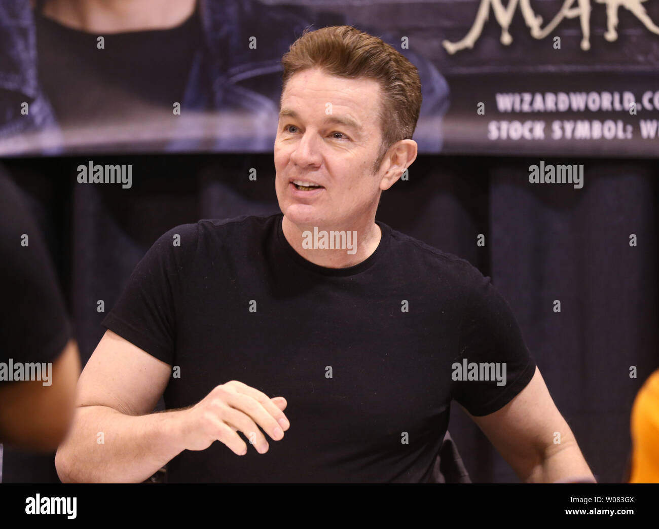 Actor James Marsters talks to fans on Day one of the Wizardworld Comic Con at America's Center at the Dome in St. Louis on February 2, 2018. Marsters first came to the attention of the general public playing the popular character Spike, a platinum-blond English vampire in the television series Buffy the Vampire Slayer and its spin-off series, Angel, from 1997 to 2004. The three day event presents the latest in pop culture, comics and si-fi movie memorabilia.    Photo by Bill Greenblatt/UPI Stock Photo