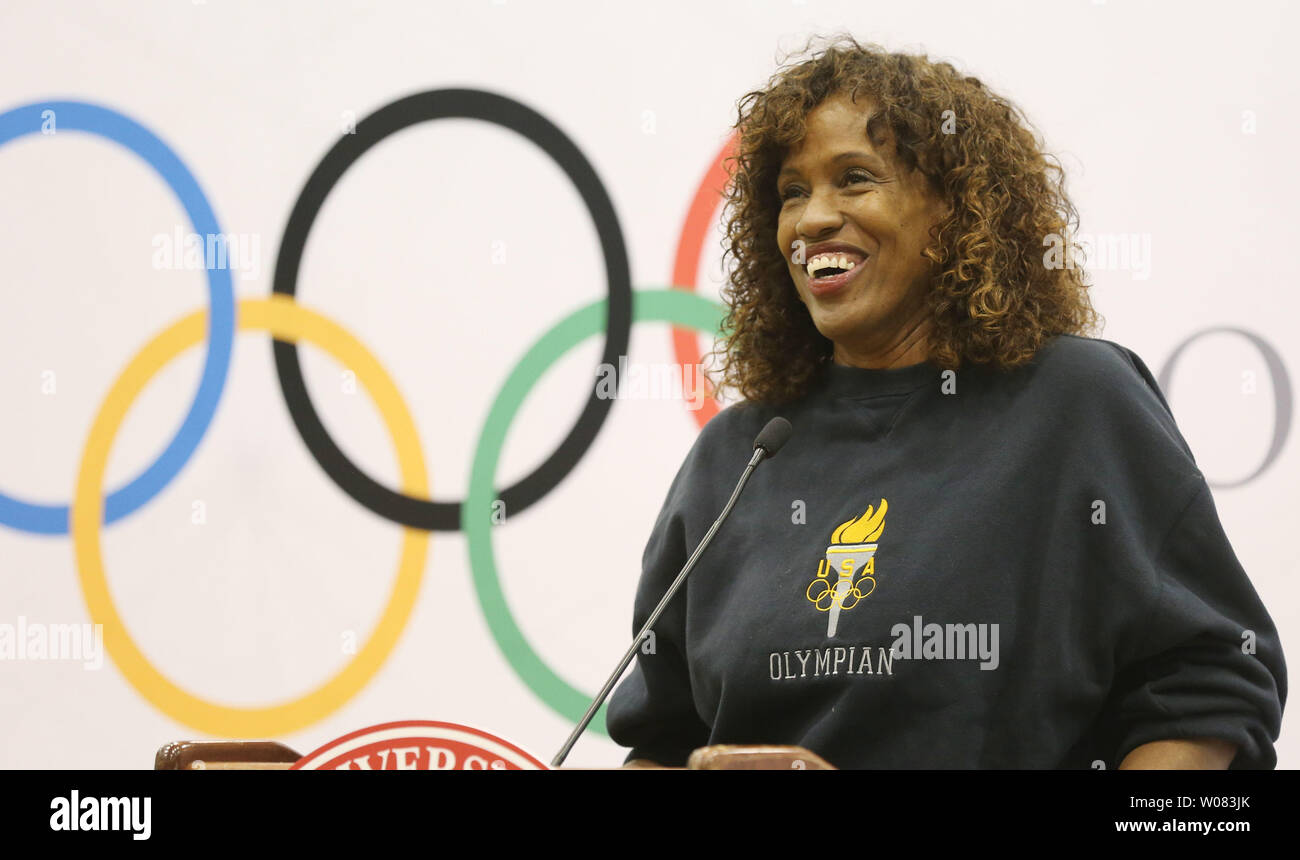 Former Olympic Gold Medalist Jacki Joyner-Kersee speaks to the crowd at Washington University in St. Louis on February 5, 2018, after it was announced that an Olympic Legacy Committee has been formed that will remember the Summer Olympics that were held at the campus in 1904. The project has beeen approved by the International Olympic Committee which will allow the display of the Olympic Rings. St. Louis is one of only 23 cities in the world and three in the United States to host the summer games. The goal of the project is to inspire awareness and pride in St. Louis' Olympic affiliation and t Stock Photo