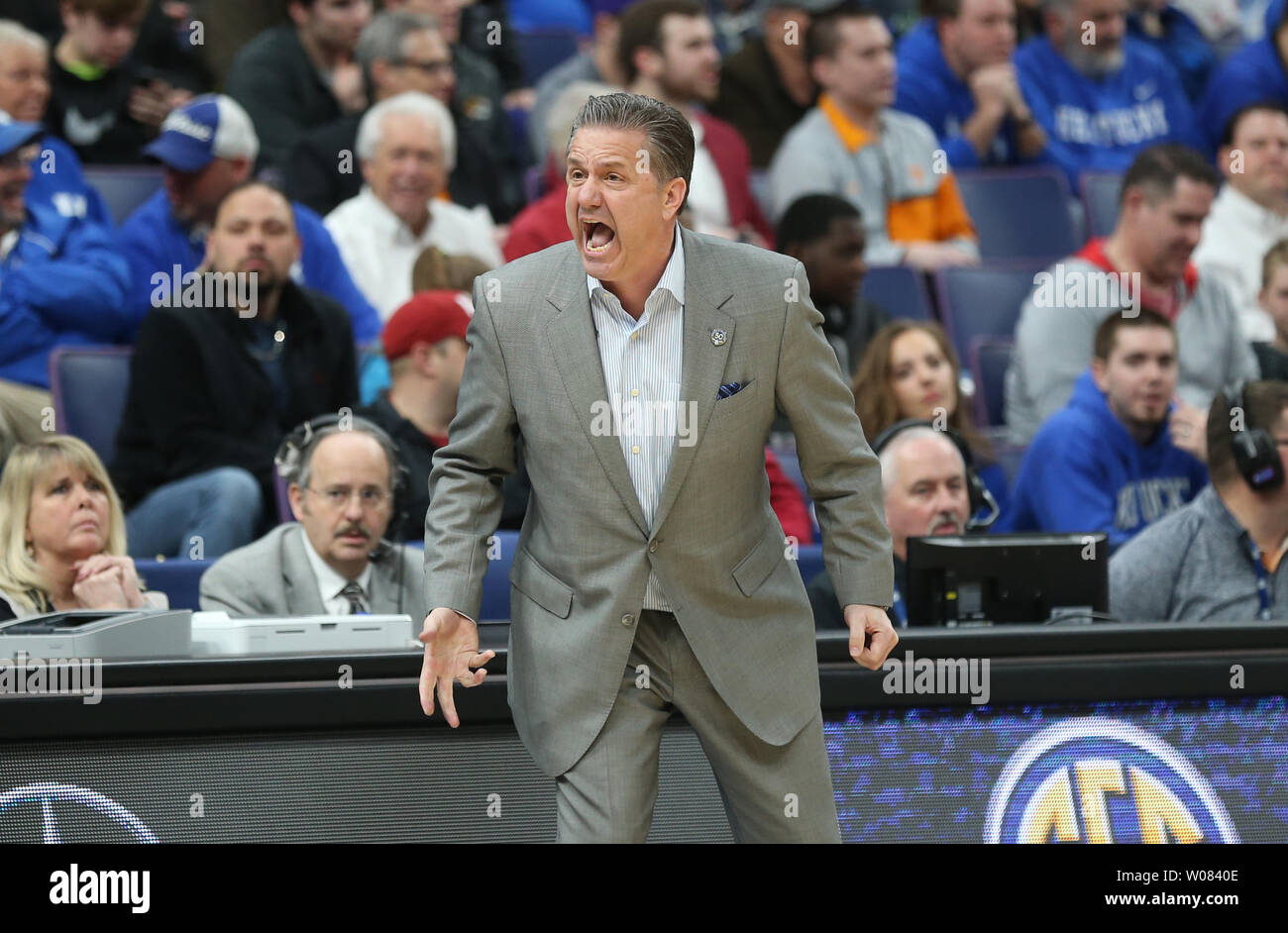 Kentucky's head basketball coach John Calipari yells to his players in the second half of their the SEC Tournament game against Alabama at the Scottrade Center in St. Louis on March 10, 2018. Kentucky defeated Alabama, 86-63.    Photo by BIll Greenblatt/UPI Stock Photo