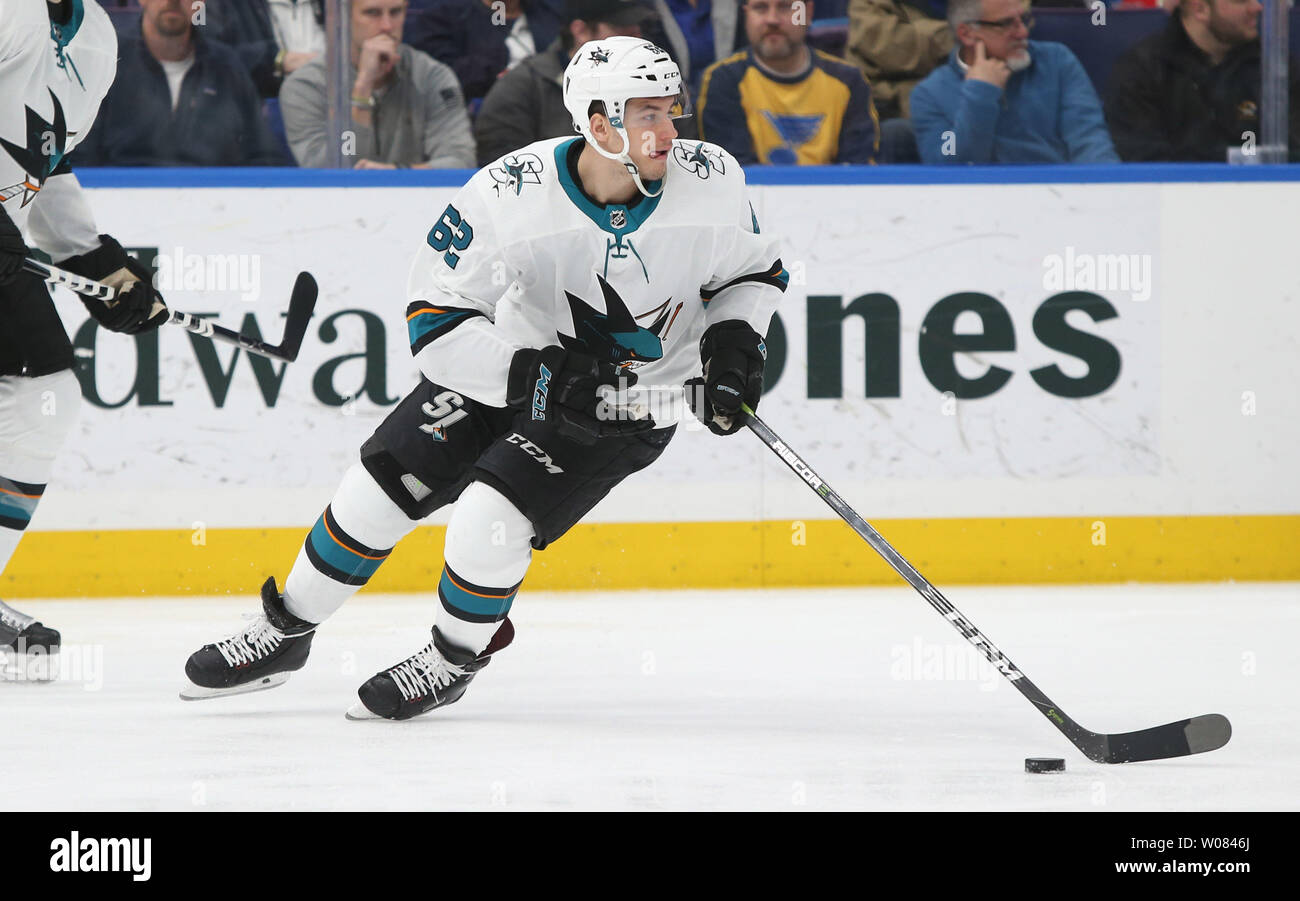 San Jose Sharks right wing Kevin Labanc (62) moves the puck against St.  Louis Blues left wing D …