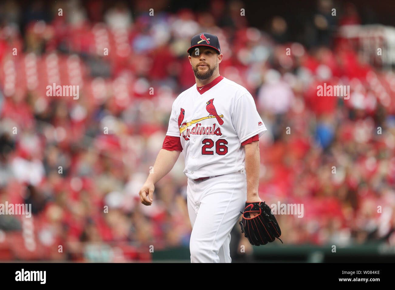 St. Louis Cardinals pitcher Bud Norris leaves the field after working the eighth inning against the Cincinnati Reds at Busch Stadium in St. Louis on April 22, 2018. St. Louis defeated Cincinnati 9-2.  Photo by Bill Greenblatt/UPI Stock Photo