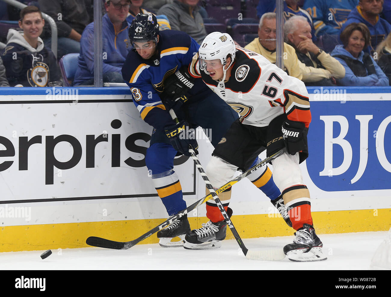 St. Louis Blues Jordan Schmaltz battles Anaheim Ducks Rickard Rakell of  Sweden for the puck in the first period at the Enterprise Center in St.  Louis on October 14, 2018. Photo by