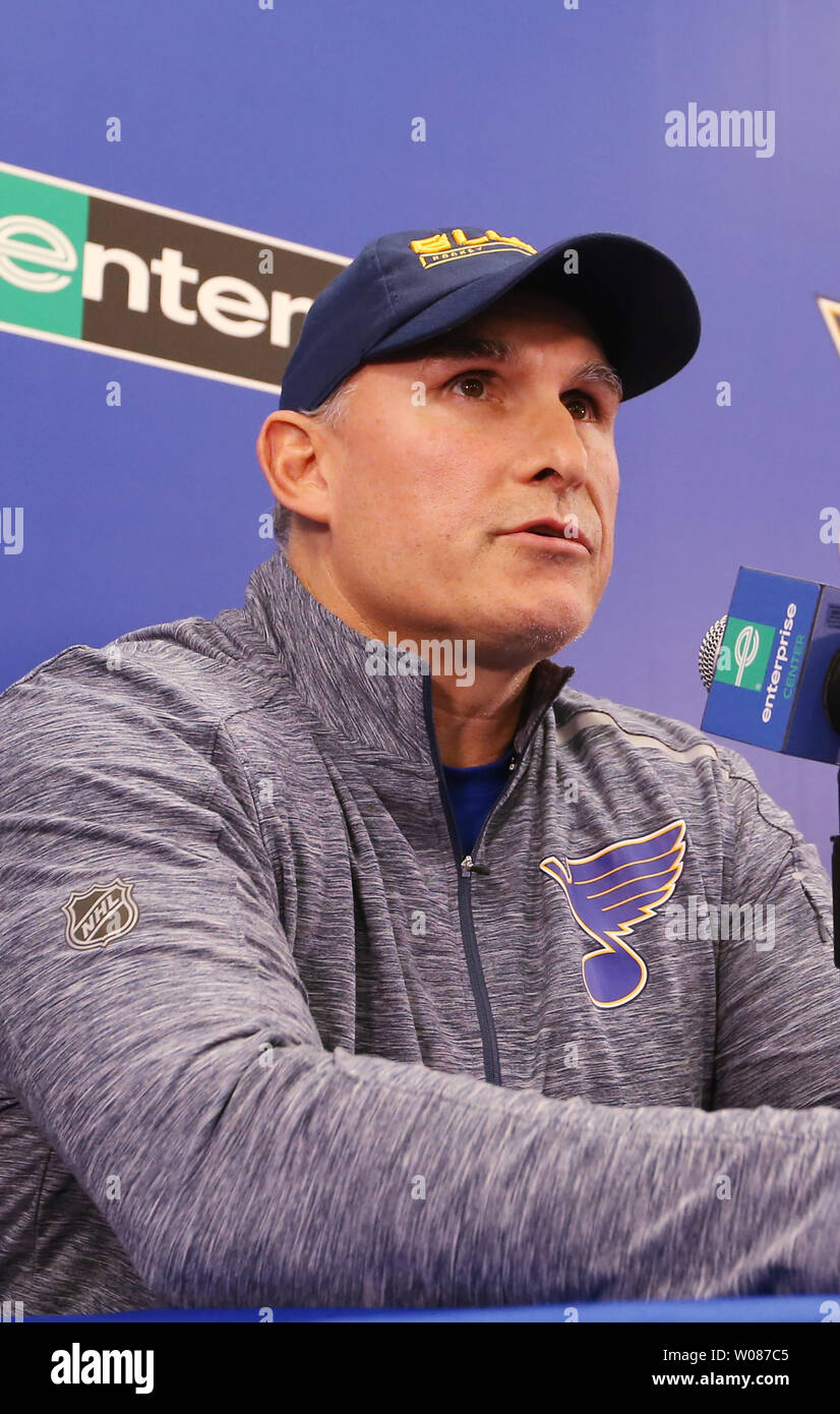 St. Louis Blues head coach Mike Yeo talks with reporters at a wrap up  session at