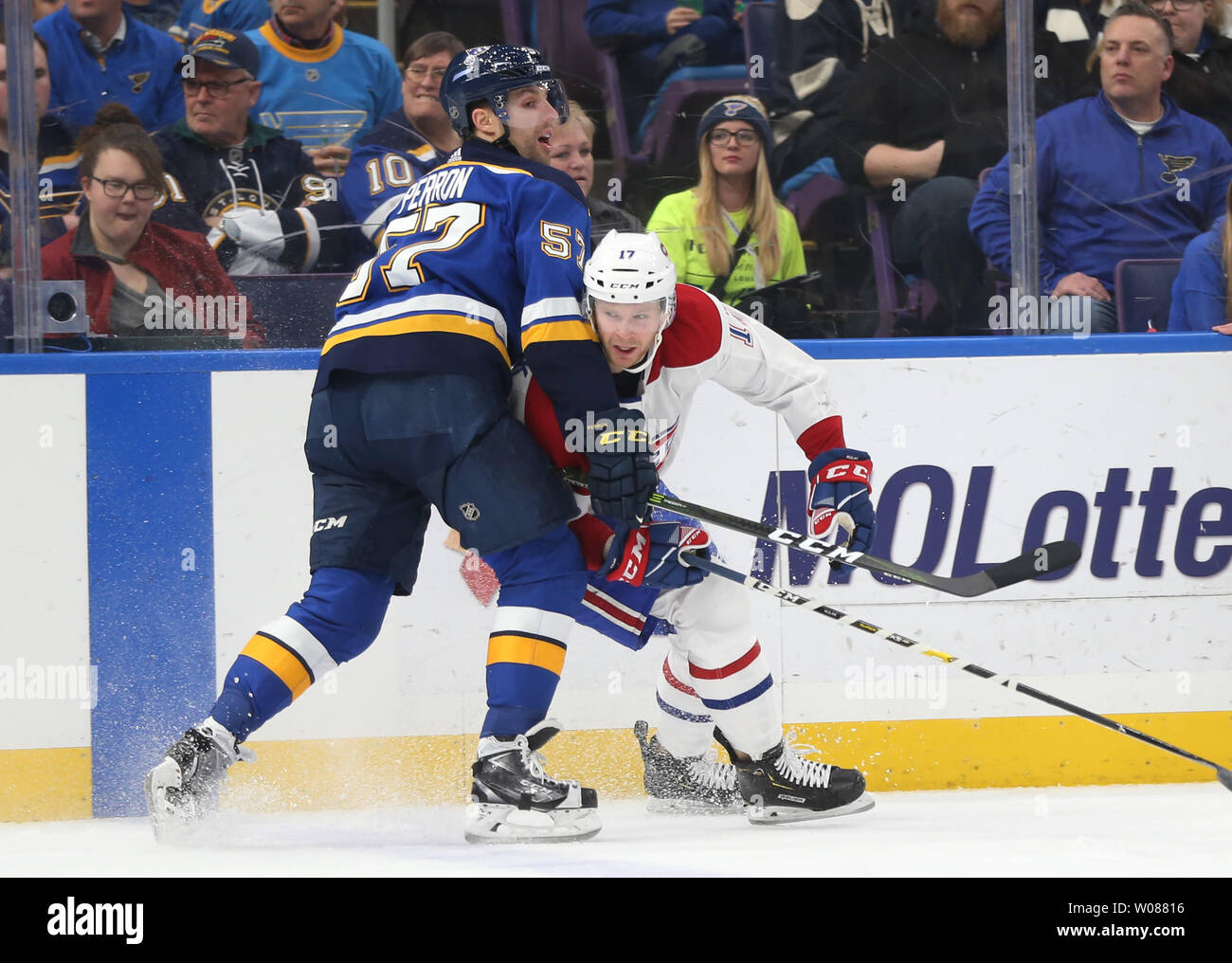 St. Louis Blues David Perron keeps Montreal Canadiens Brett Kulak from getting to the play in the first period at the Enterprise Center in St. Louis on January 10, 2019. St. Louis defeated Montreal 4-1. Photo by Bill Greenblatt/UPI Stock Photo