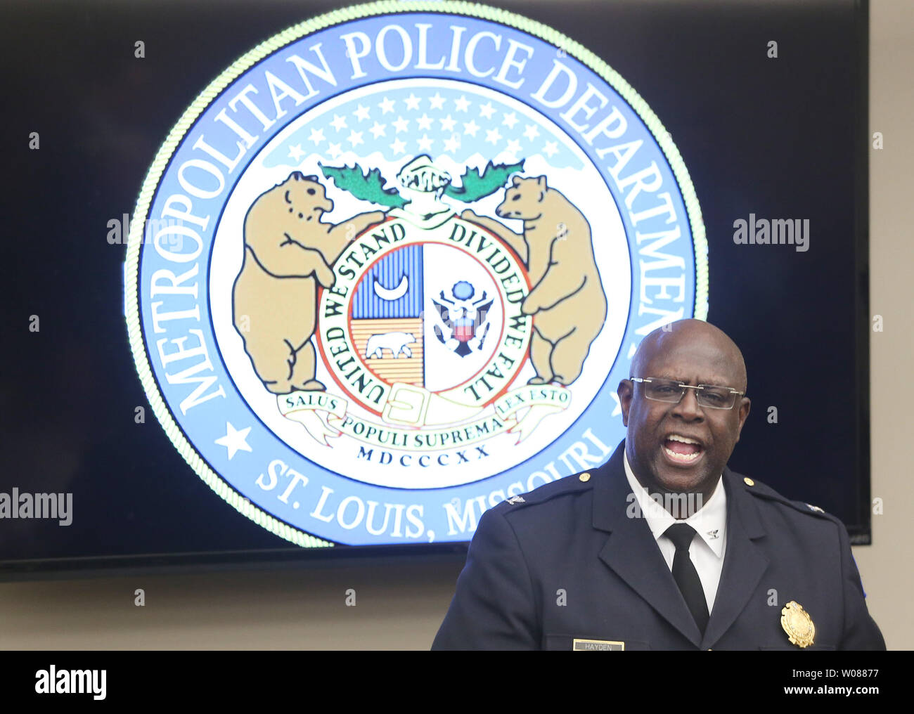 An angry St. Louis Metropolitian Police Chief John Hayden remarks about the shooting death of officer Katlyn Alix during a press conference in St. Louis on January 31, 2019. St. Louis Circuit Attorney Kim Gardner has brought multiple concerns to the media on how the department handled the initial investigation. Hayden said he called the press conference to clarify as much as he can surrounding the tragic incident which occured on January 24, 2019, by a fellow St. Louis Police officer. Photo by Bill Greenblatt/UPI Stock Photo