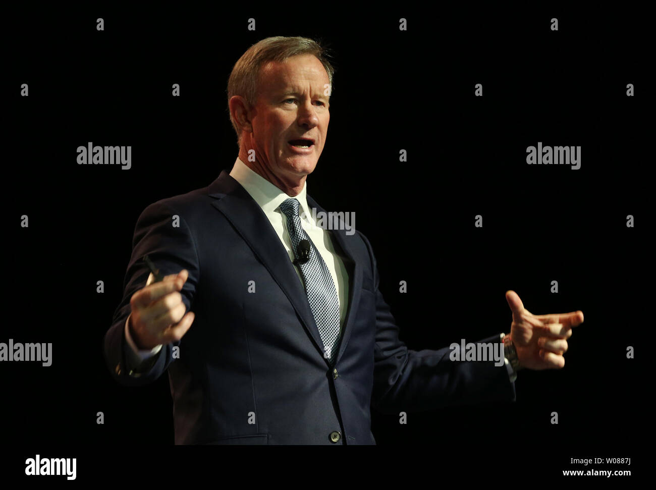 Admiral William McRaven makes his remarks while speaking to a Drury Hotel Annual meeting in St. Charles, Missouri on February 6, 2019. McRaven,  the former chancellor of the University of Texas, is a former United States Navy officer who last served as the ninth commander of the United States Special Operations Command from 2011 to 2014. McRaven is credited for organizing and overseeing the execution of Operation Neptune Spear, the special ops raid that led to the death of Osama bin Laden in 2011. McRaven retired from the U.S. Navy in September 2014. During the last few years of his career he Stock Photo