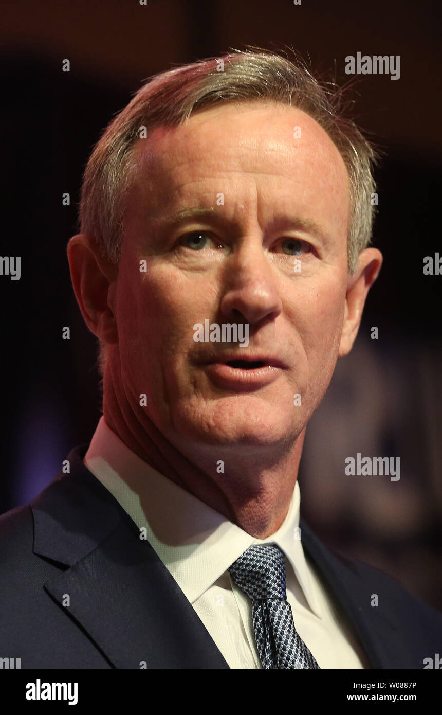 Admiral William McRaven makes his remarks while speaking to a Drury Hotel Annual meeting in St. Charles, Missouri on February 6, 2019. McRaven,  the former chancellor of the University of Texas, is a former United States Navy officer who last served as the ninth commander of the United States Special Operations Command from 2011 to 2014. McRaven is credited for organizing and overseeing the execution of Operation Neptune Spear, the special ops raid that led to the death of Osama bin Laden in 2011. McRaven retired from the U.S. Navy in September 2014. During the last few years of his career he Stock Photo