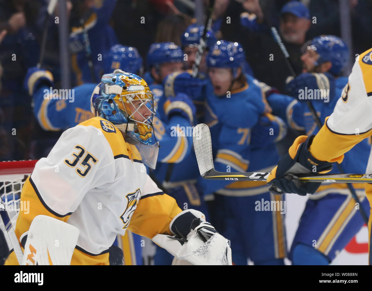 Nashville Predators goaltender Juuse Saros of Finland skates to his bench  in the first period against the St. Louis Blues at the Enterprise Center in  St. Louis on February 26, 2019. Photo