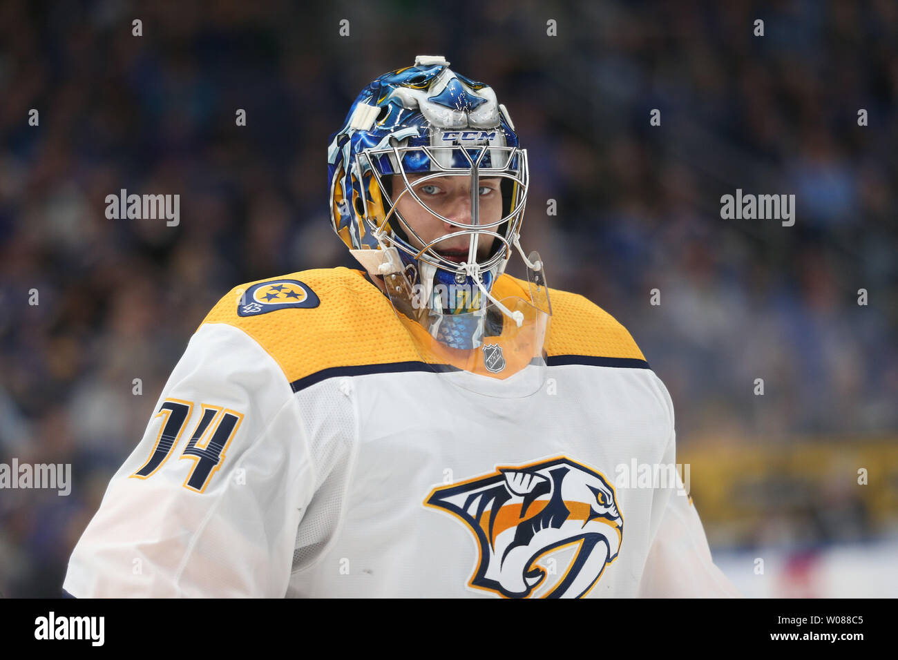 Nashville Predators goaltender Juuse Saros of Finland skates to his bench  in the first period against the St. Louis Blues at the Enterprise Center in  St. Louis on February 26, 2019. Photo